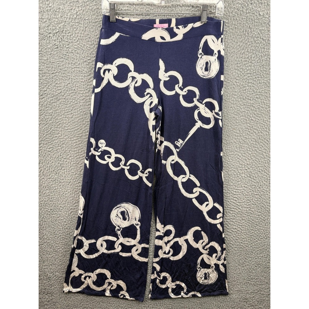Lilly Pulitzer Pants Women XS Navy Chain Lock Print Silk Cotton Wide Leg Stretch